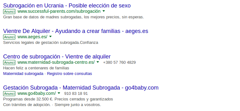 Anuncis de Google oferint ventres de lloguer i fins i tot l'opció de poder escollir el sexe del nadó.